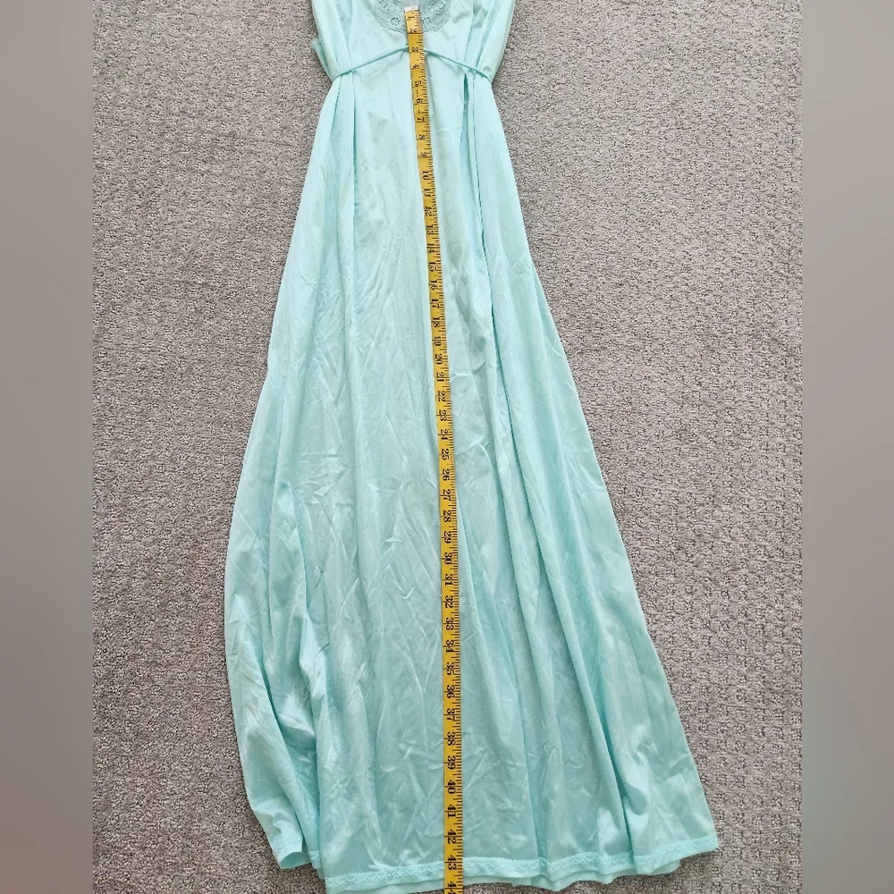 Vintage 90s Light Blue Aqua Lace Trim Long Slip Chemise Dress Made In USA S - Picture 5 of 9